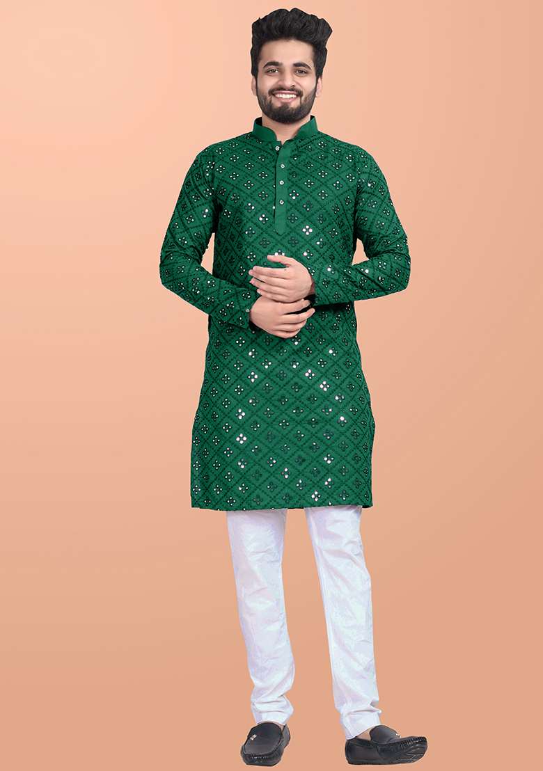 Green Mirror Work Cotton Kurta Pajama For Men - Indya