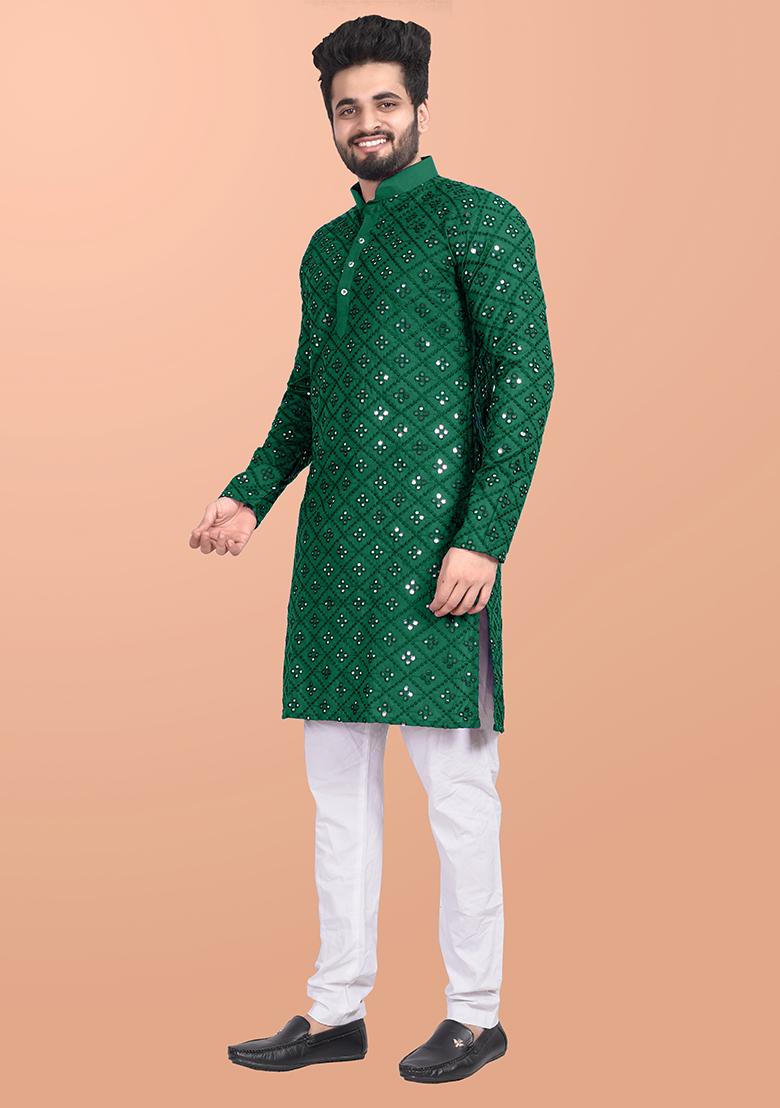 Green Mirror Work Cotton Kurta Pajama For Men - Indya