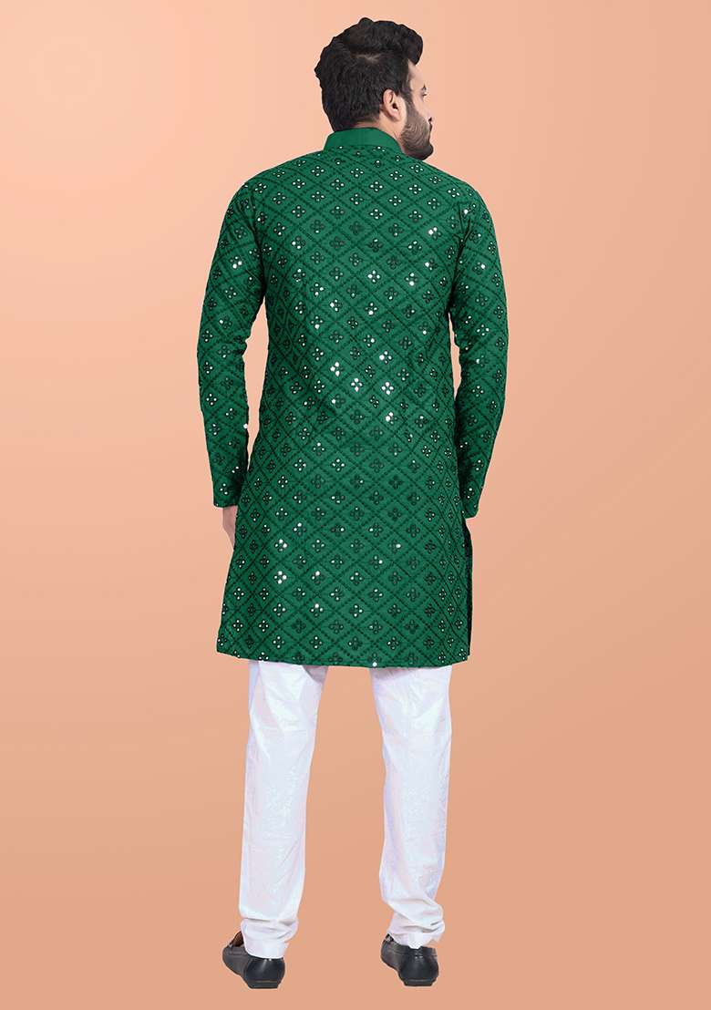 Green Mirror Work Cotton Kurta Pajama For Men - Indya