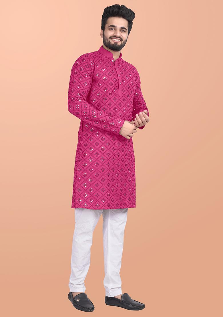 Pink Mirror Work Cotton Kurta Pajama For Men - Indya