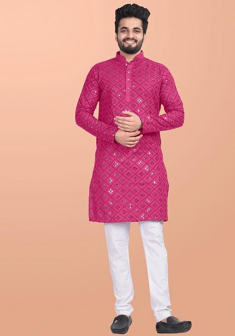 Pink Mirror Work Cotton Kurta Pajama For Men