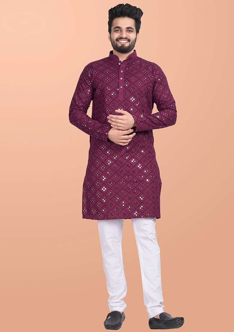 Wine Mirror Work Cotton Kurta Pajama For Men - Indya