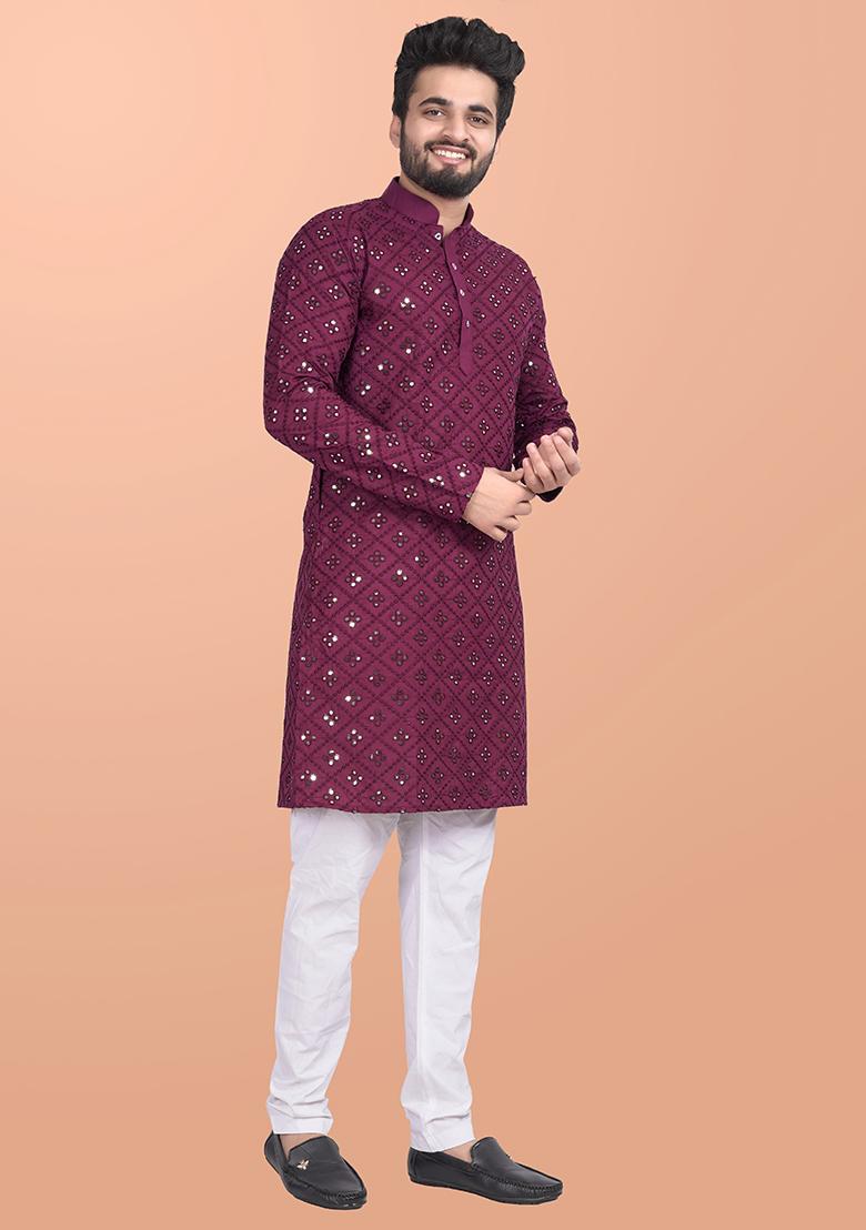 Wine Mirror Work Cotton Kurta Pajama For Men - Indya