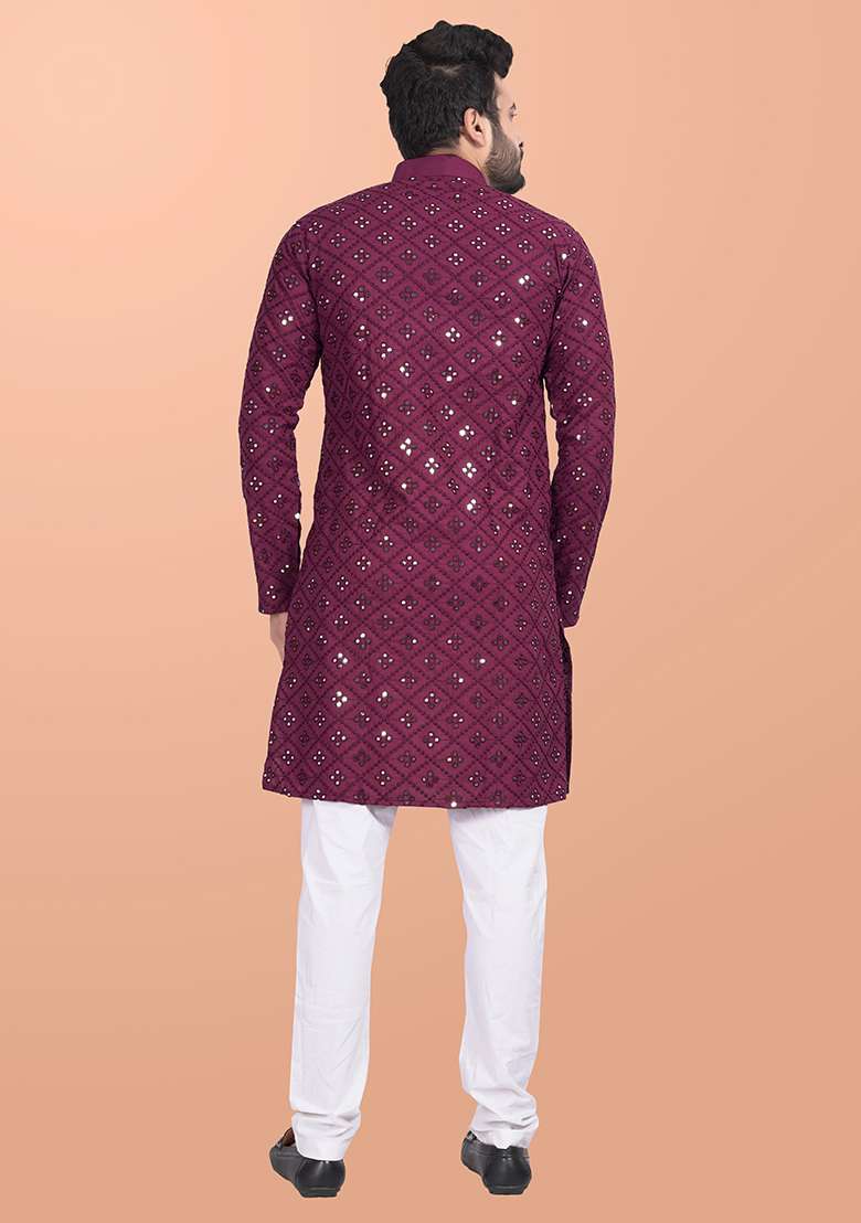 Wine Mirror Work Cotton Kurta Pajama For Men - Indya