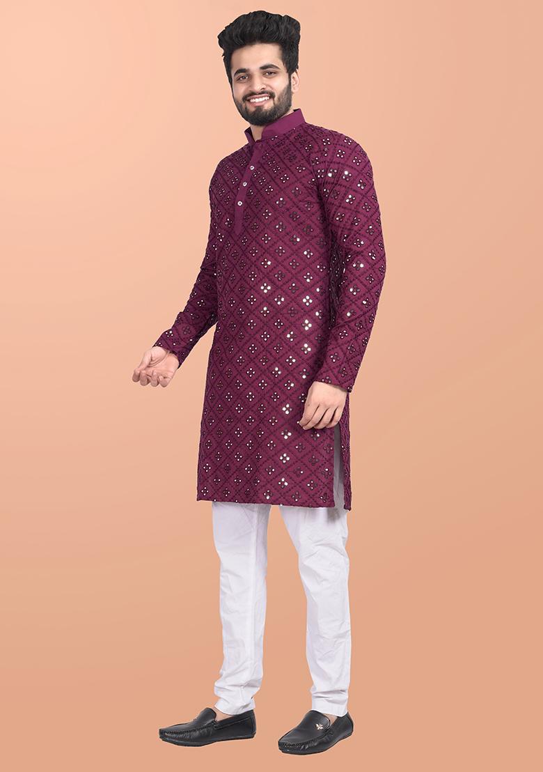 Wine Mirror Work Cotton Kurta Pajama For Men - Indya