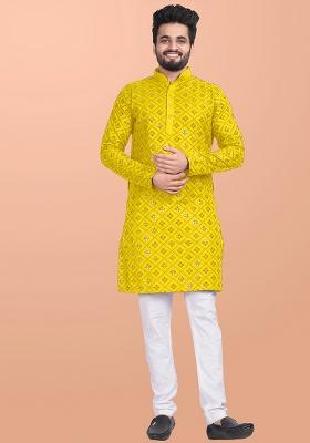 Yellow Mirror Work Cotton Kurta Pajama For Men