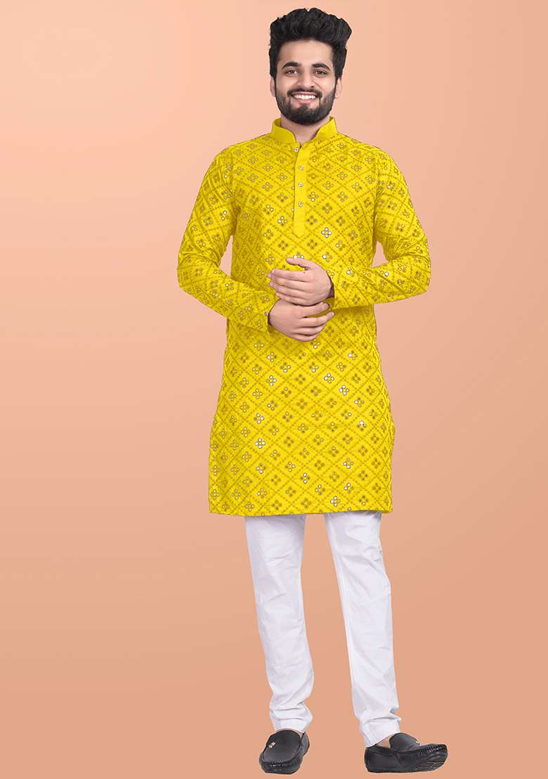 Yellow Mirror Work Cotton Kurta Pajama For Men - Indya