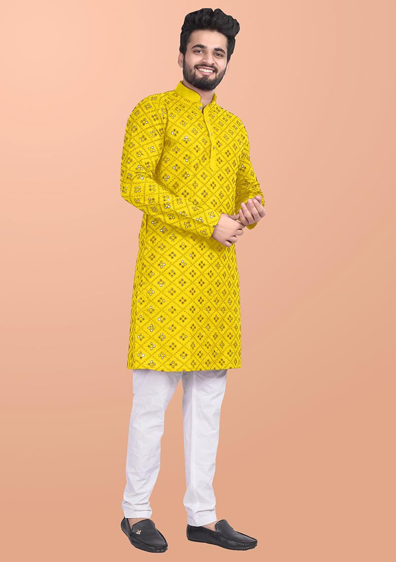 Yellow Mirror Work Cotton Kurta Pajama For Men - Indya