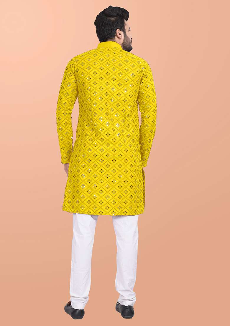 Yellow Mirror Work Cotton Kurta Pajama For Men - Indya