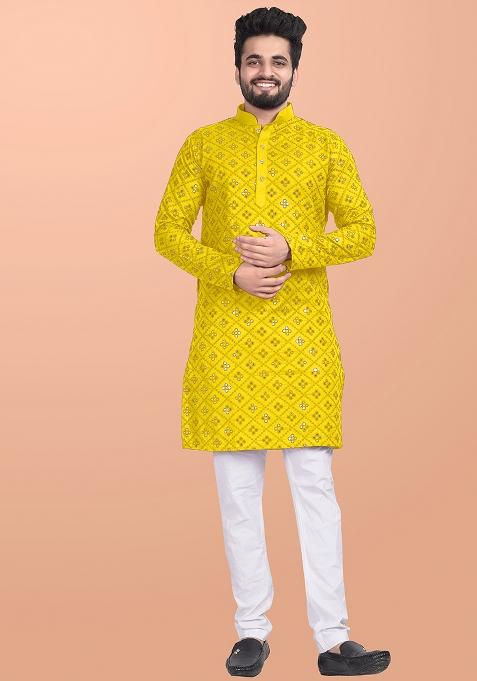 Yellow Mirror Work Cotton Kurta Pajama For Men