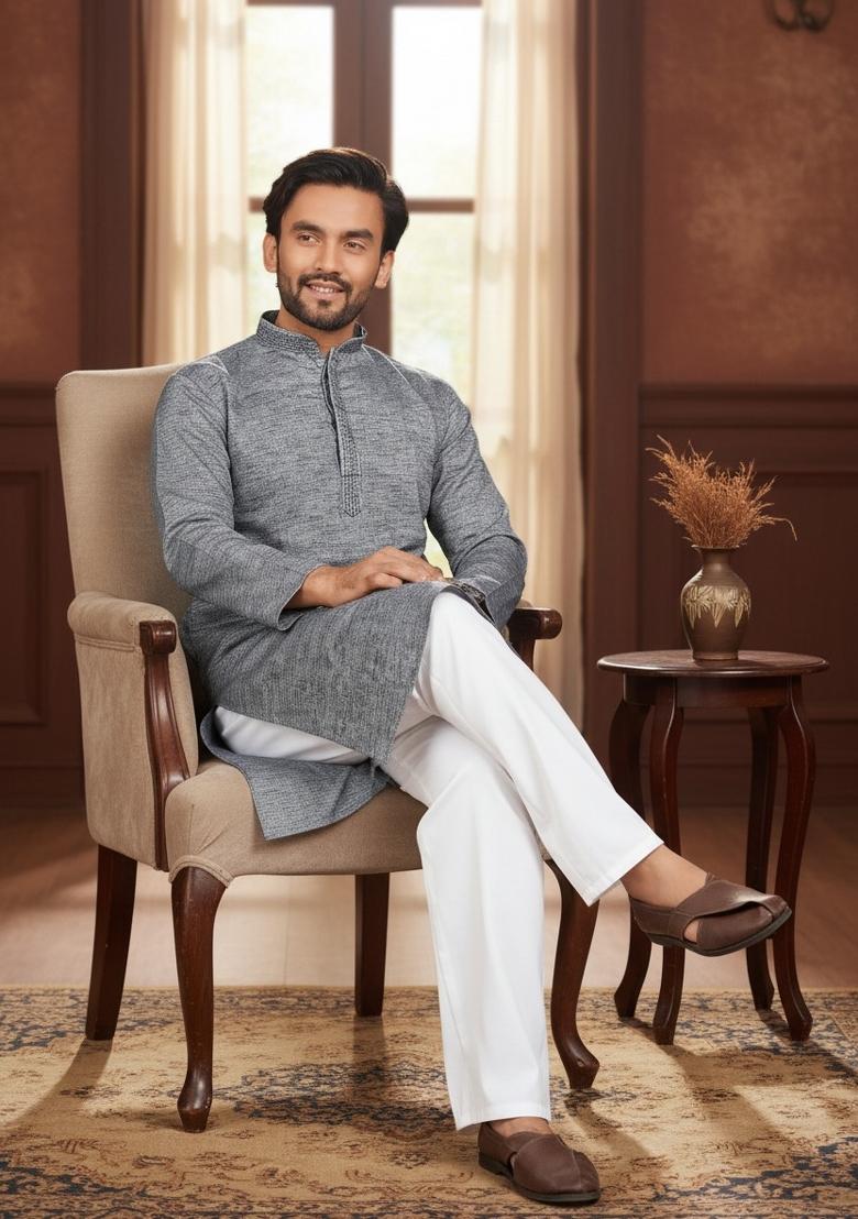 Grey Solid Cotton Kurta Pajama For Men - Indya