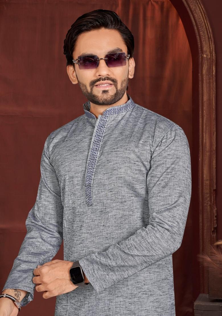 Grey Solid Cotton Kurta Pajama For Men - Indya