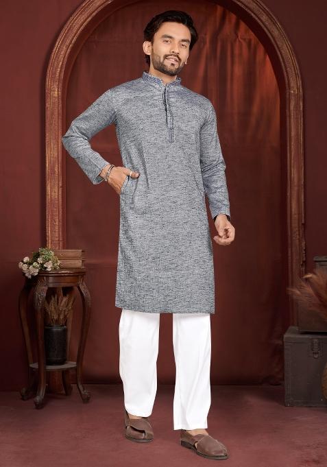 Grey Solid Cotton Kurta Pajama For Men