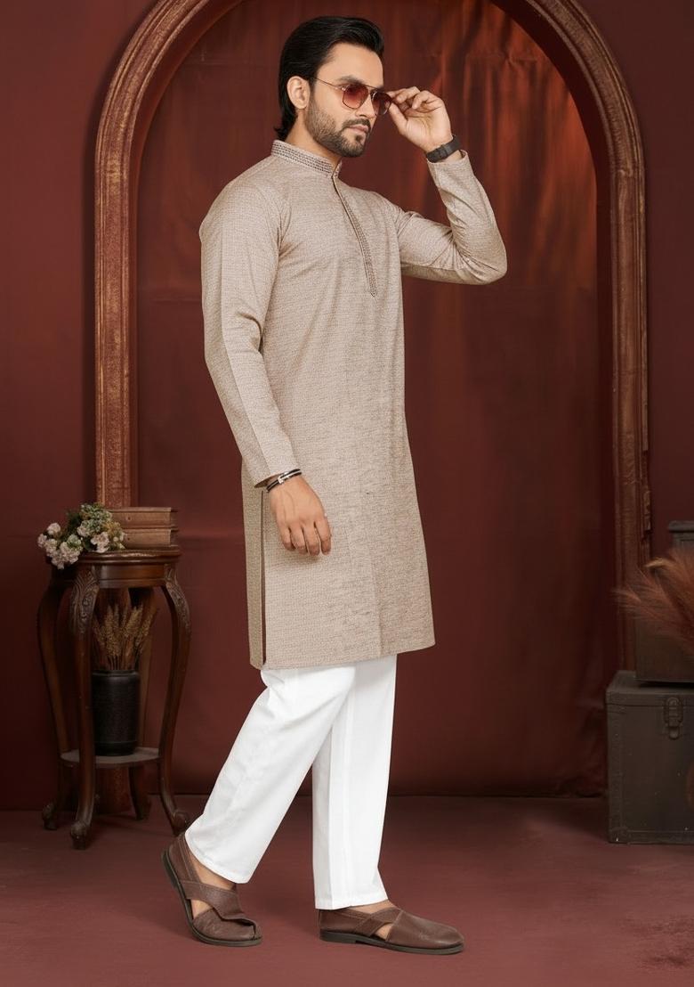 Beige Solid Cotton Kurta Pajama For Men - Indya