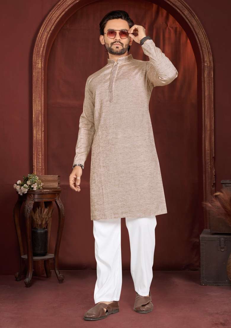 Beige Solid Cotton Kurta Pajama For Men - Indya