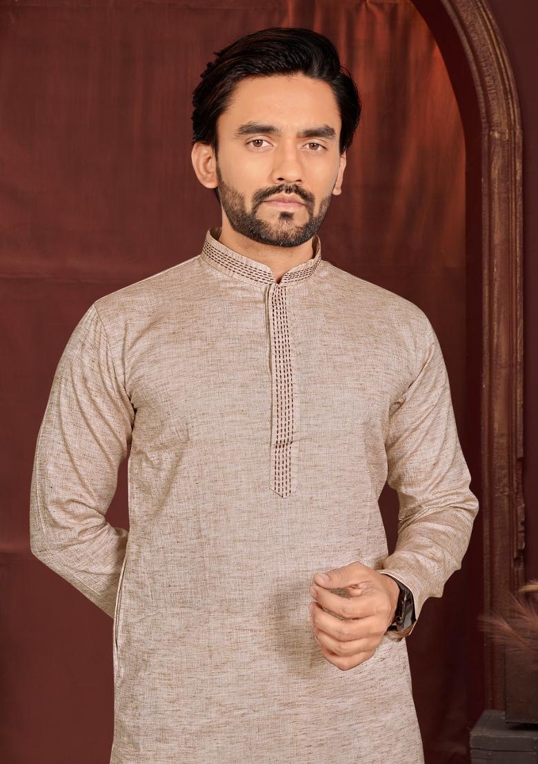 Beige Solid Cotton Kurta Pajama For Men - Indya