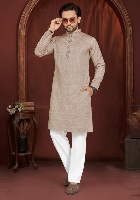 Beige Solid Cotton Kurta Pajama For Men