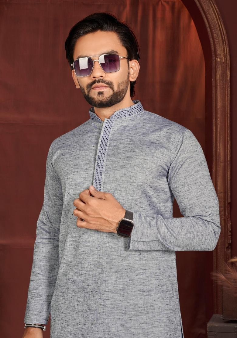 Grey Solid Cotton Kurta Pajama For Men - Indya