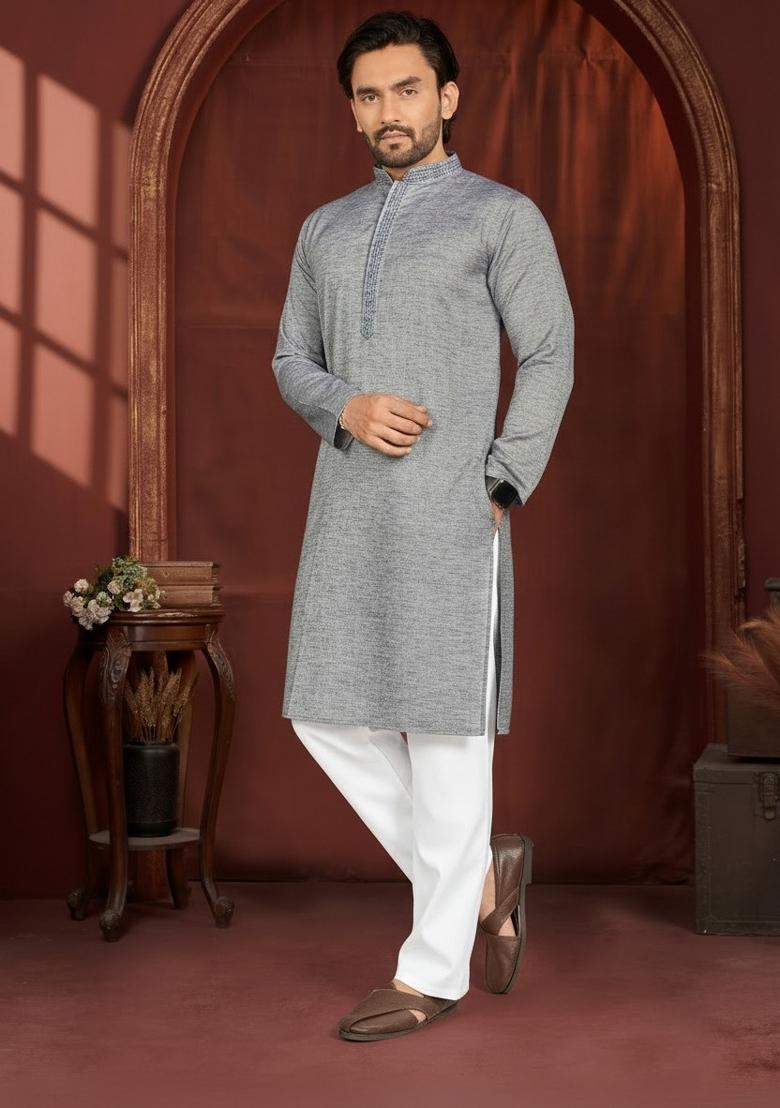 Grey Solid Cotton Kurta Pajama For Men - Indya