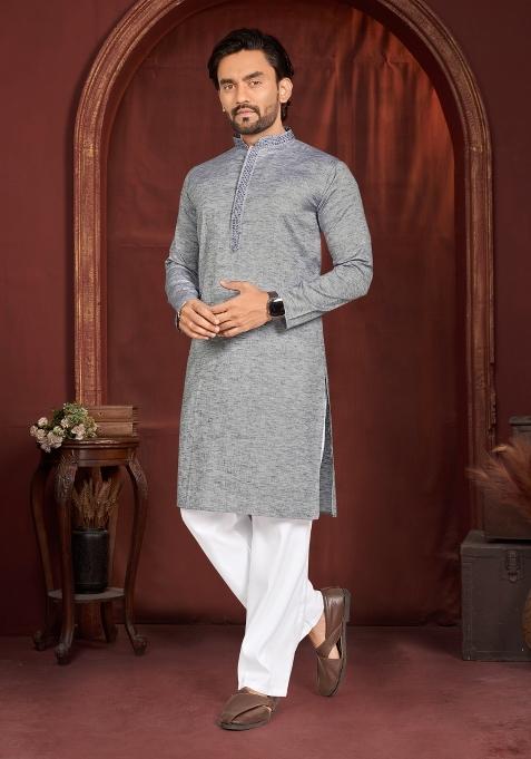 Grey Solid Cotton Kurta Pajama For Men