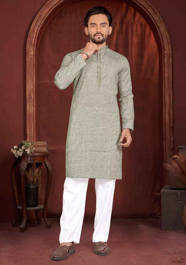 Olive Green Solid Cotton Kurta Pajama For Men - Indya