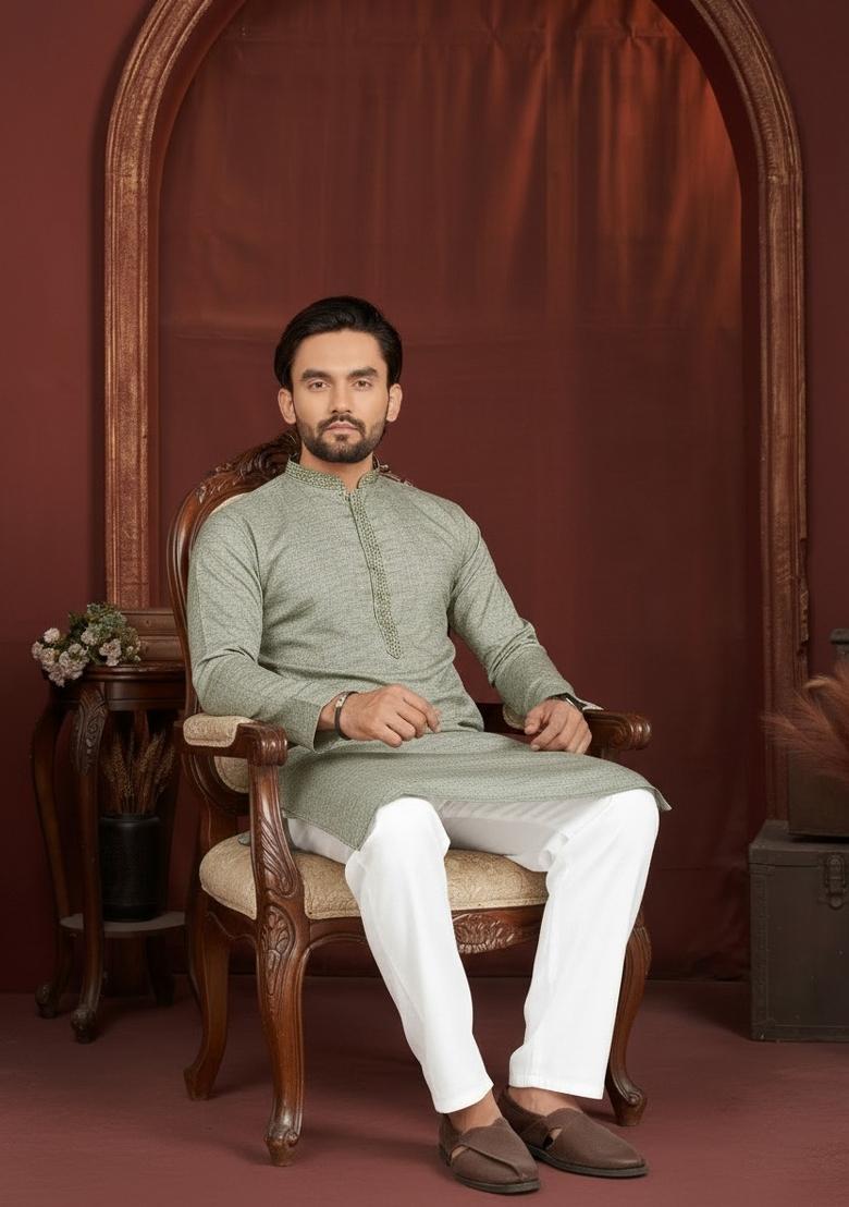 Olive Green Solid Cotton Kurta Pajama For Men - Indya