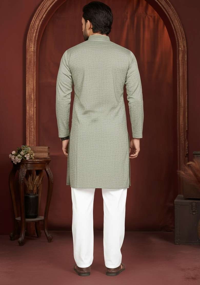 Olive Green Solid Cotton Kurta Pajama For Men - Indya