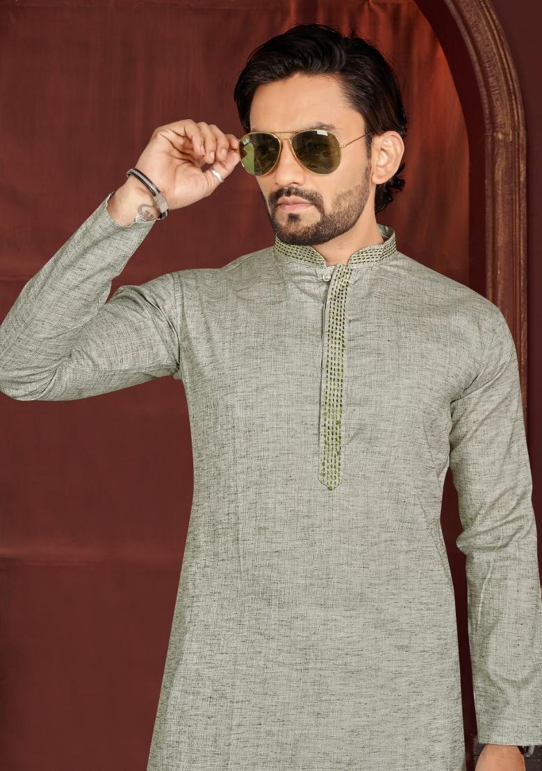 Olive Green Solid Cotton Kurta Pajama For Men - Indya