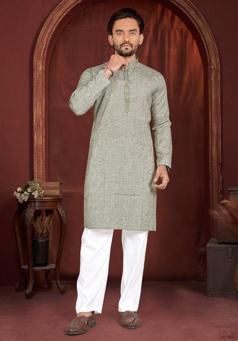 Olive Green Solid Cotton Kurta Pajama For Men