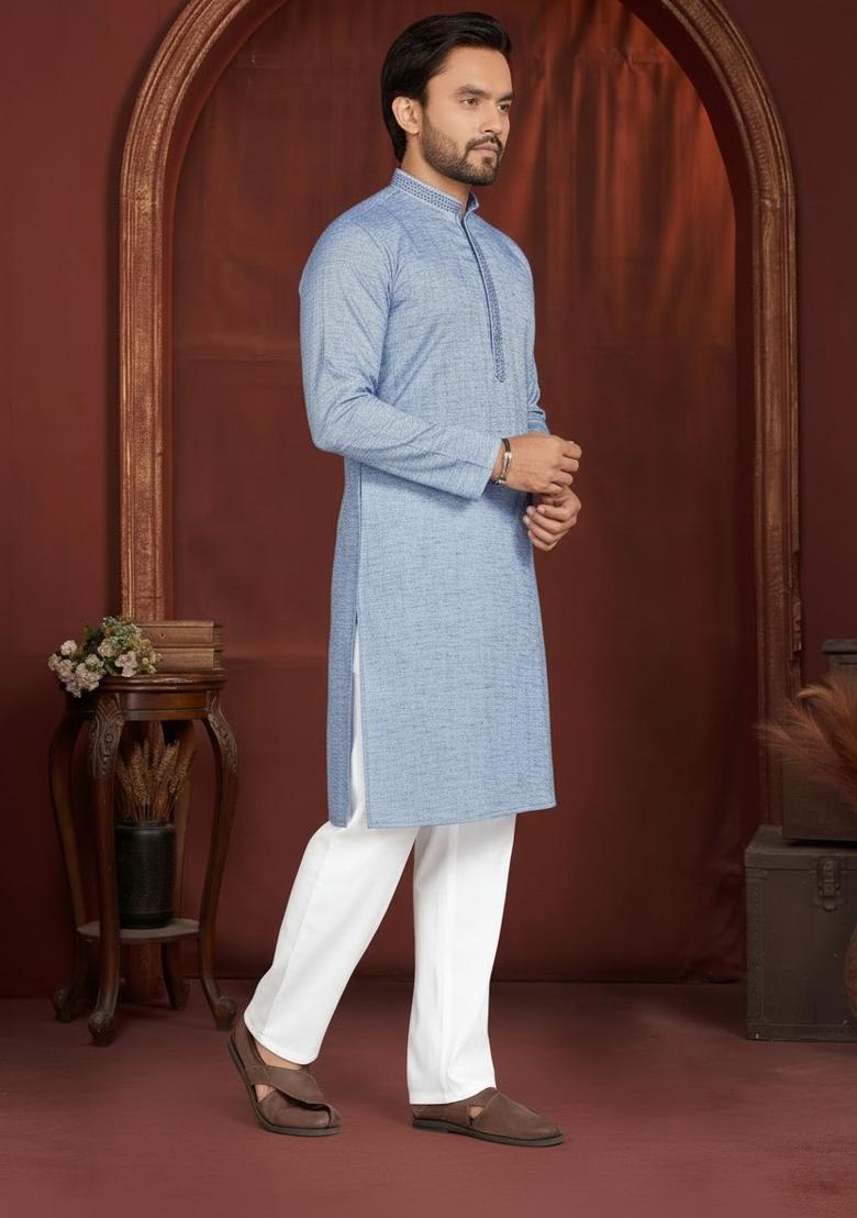 Blue Solid Cotton Kurta Pajama For Men - Indya