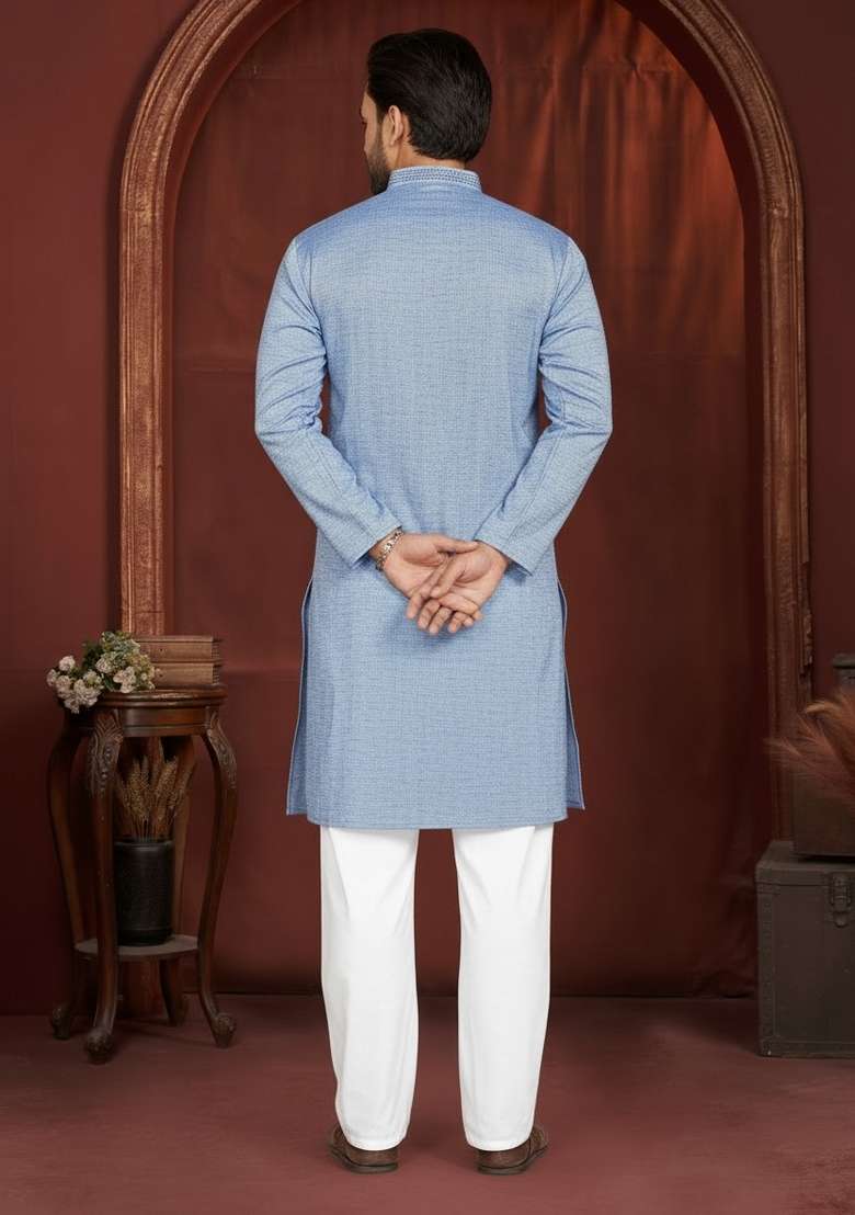 Blue Solid Cotton Kurta Pajama For Men - Indya