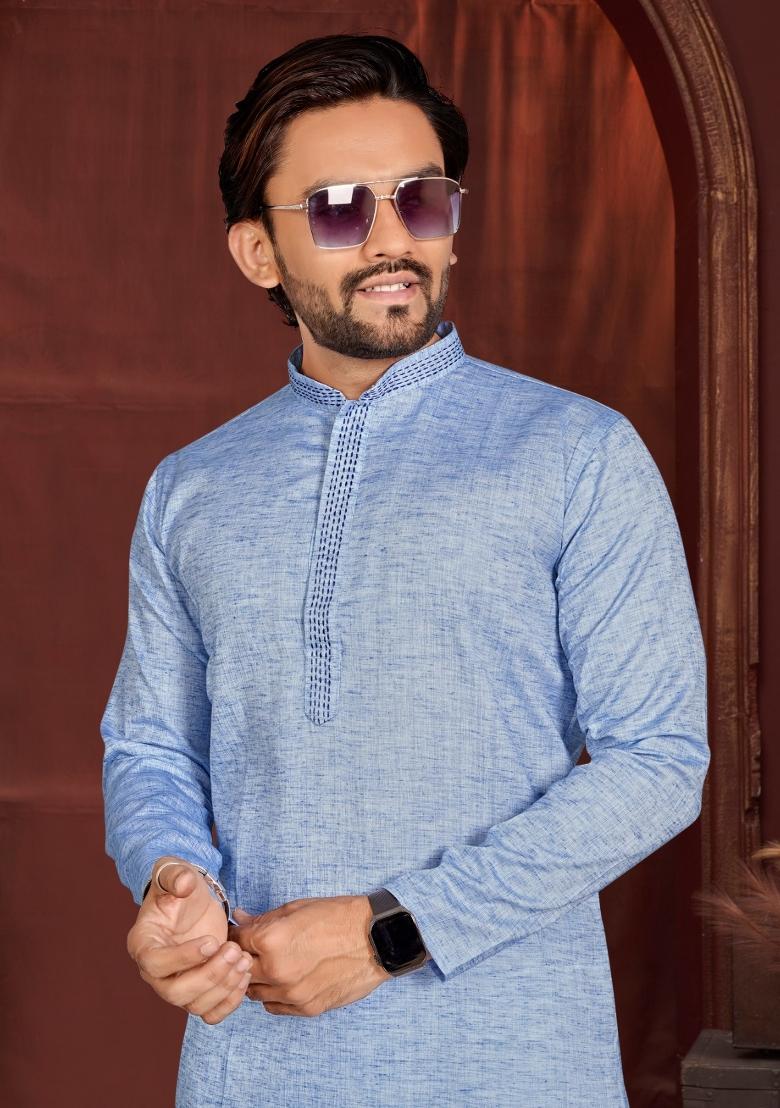 Blue Solid Cotton Kurta Pajama For Men - Indya
