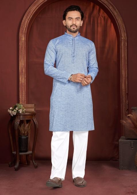 Blue Solid Cotton Kurta Pajama For Men