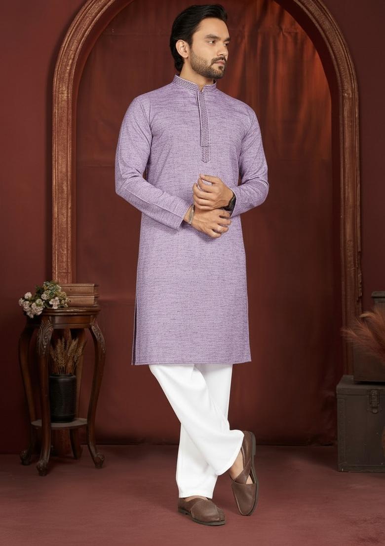 Lavender Solid Cotton Kurta Pajama For Men - Indya