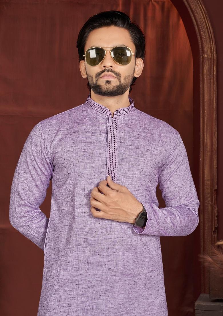 Lavender Solid Cotton Kurta Pajama For Men - Indya