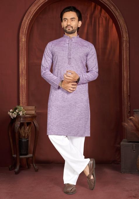 Lavender Solid Cotton Kurta Pajama For Men