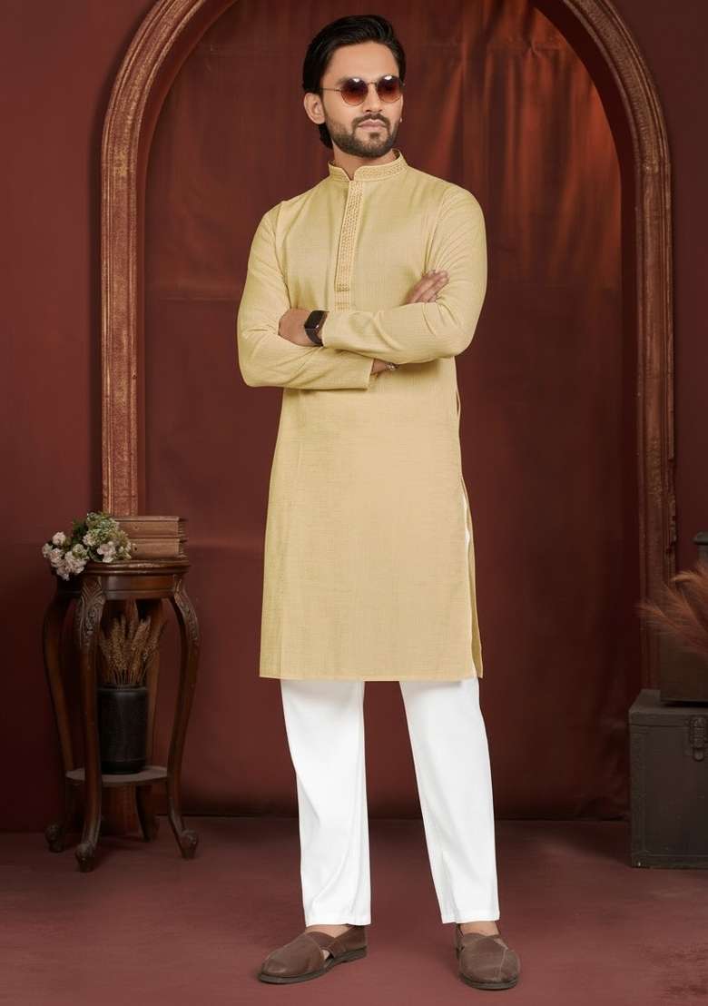 Yellow Solid Cotton Kurta Pajama For Men - Indya