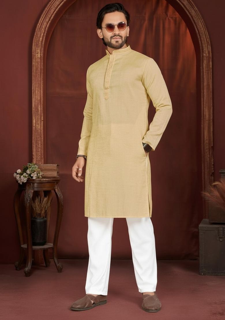 Yellow Solid Cotton Kurta Pajama For Men - Indya