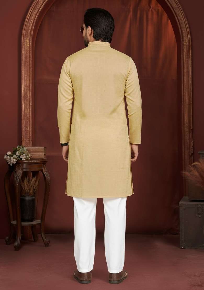 Yellow Solid Cotton Kurta Pajama For Men - Indya