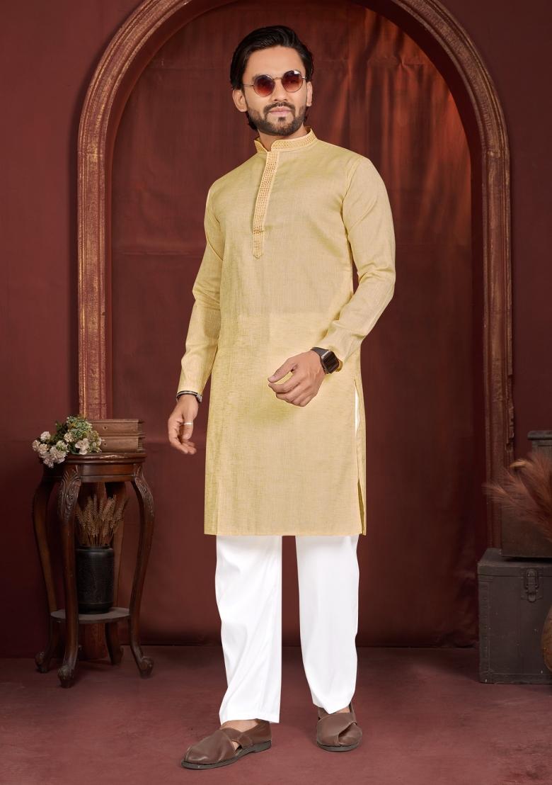 Yellow Solid Cotton Kurta Pajama For Men - Indya