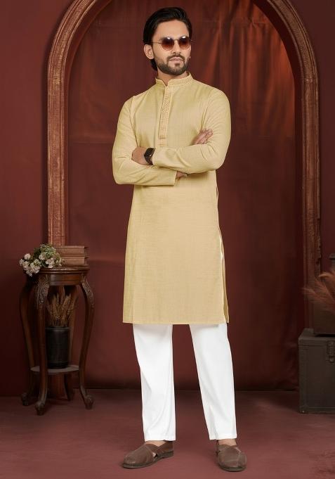 Yellow Solid Cotton Kurta Pajama For Men