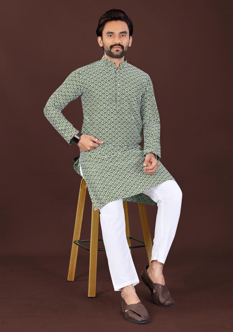 Green Chikankari Cotton Kurta Pajama For Men - Indya