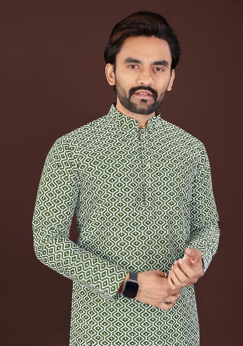 Green Chikankari Cotton Kurta Pajama For Men - Indya