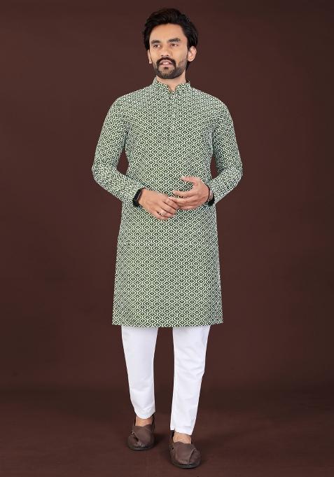 Green Chikankari Cotton Kurta Pajama For Men
