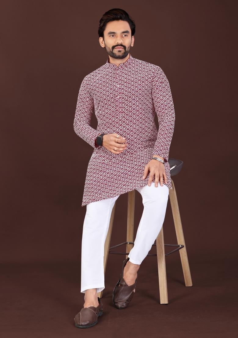 Maroon Chikankari Cotton Kurta Pajama For Men - Indya