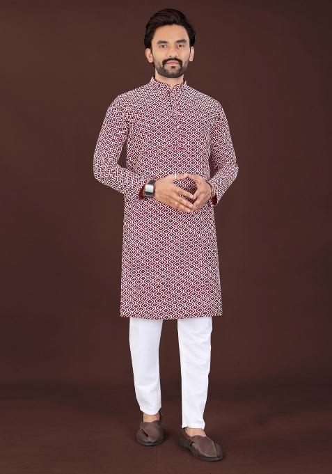 Maroon Chikankari Cotton Kurta Pajama For Men