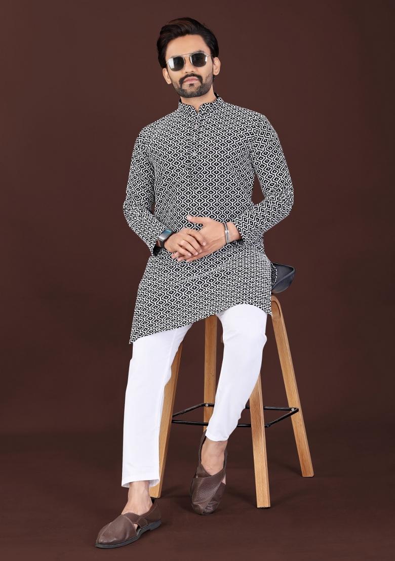 Black Chikankari Cotton Kurta Pajama For Men - Indya