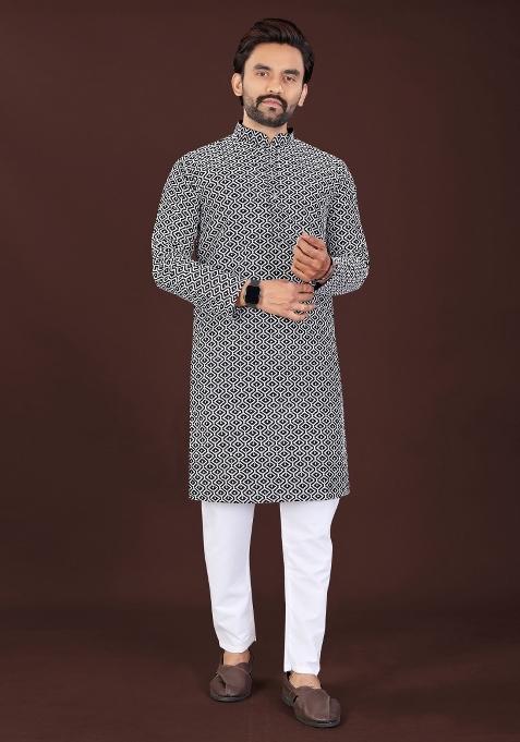 Black Chikankari Cotton Kurta Pajama For Men