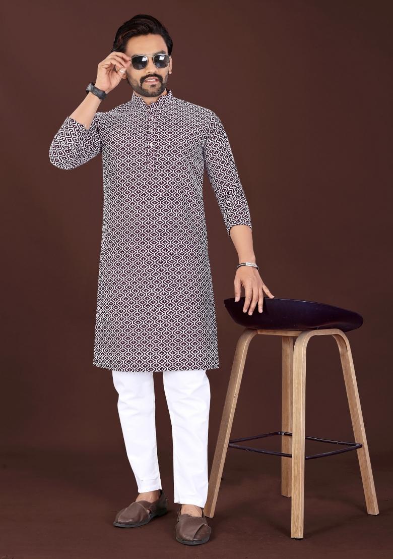 Purple Chikankari Cotton Kurta Pajama For Men - Indya