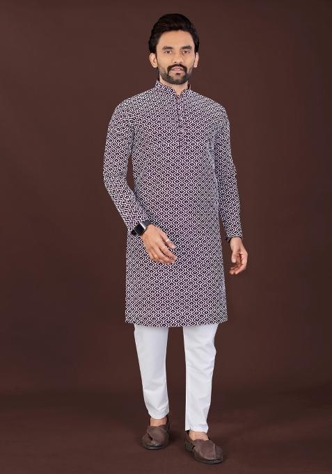Purple Chikankari Cotton Kurta Pajama For Men
